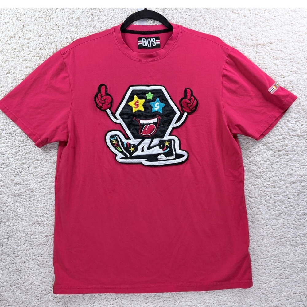 BKYS Mens Graphic T-Shirt Red Short Sleeve Character Patch Distressed Streetwear
